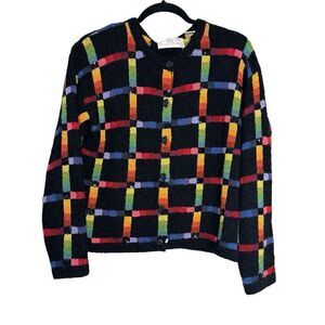 Janes Closet Art To Wear Button Cardigan Sweater Sequins Rainbow Plaid Vintage S